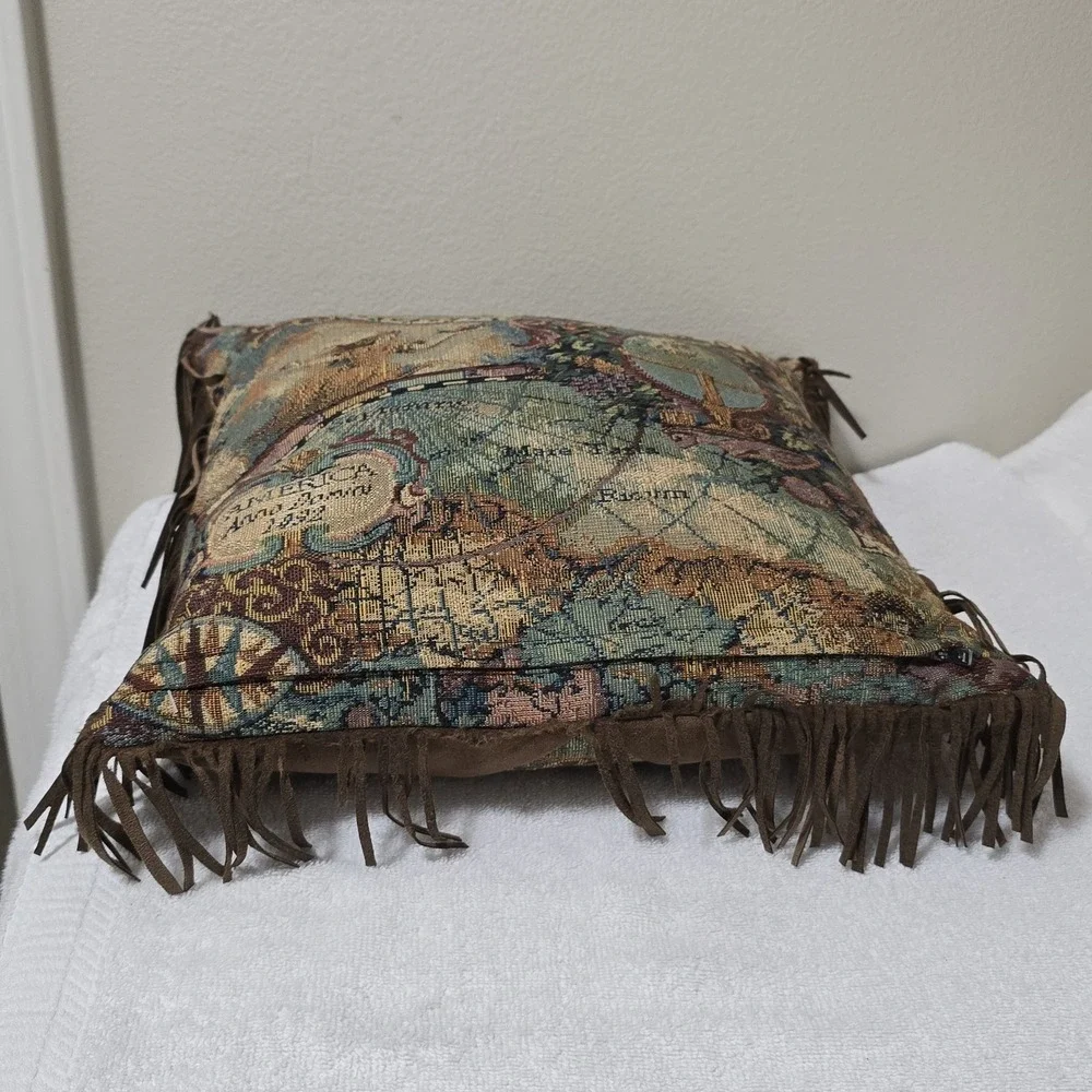 Old Style World Map Americas New World Woven Tapestry Fringe Pillow 13x13.5 READ